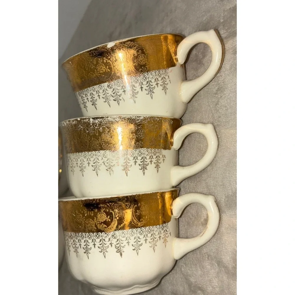 Vintage Vogue Gold Filigree Teacup White Floral 22k Gold Homer Laughlin Lot Of 3